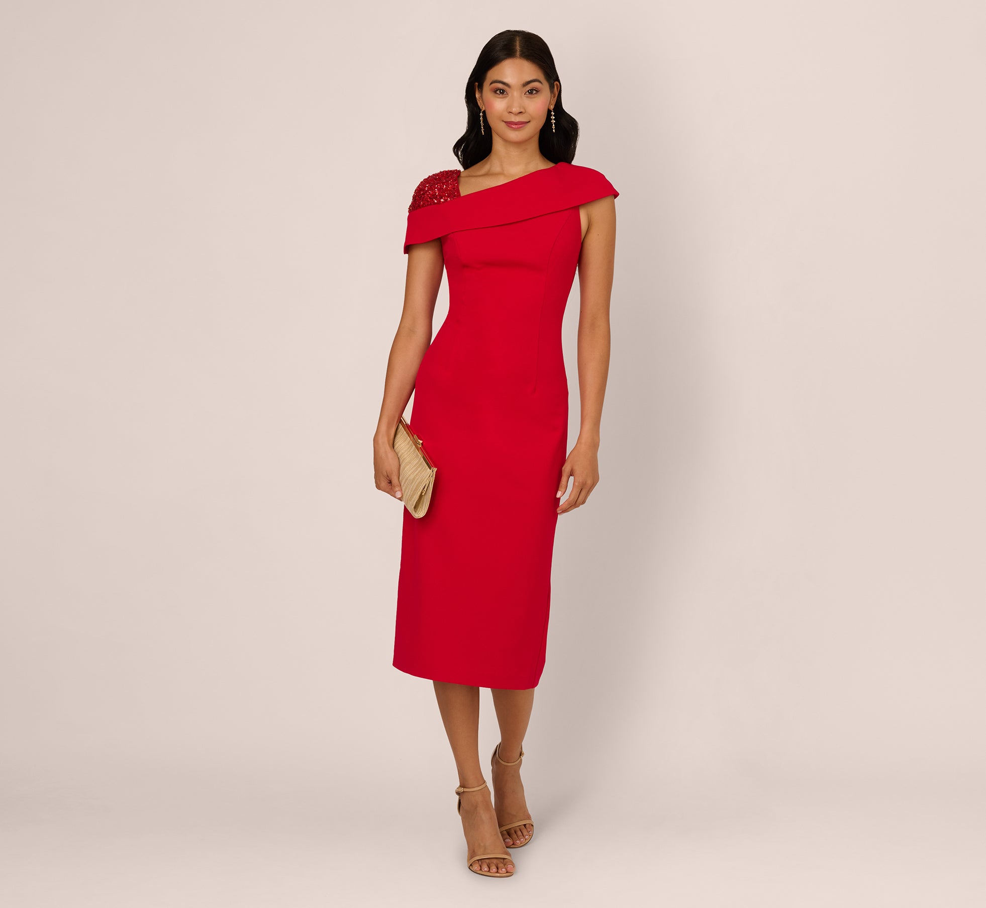 Sequin Shoulder Crepe Midi Sheath Dress In Red 1