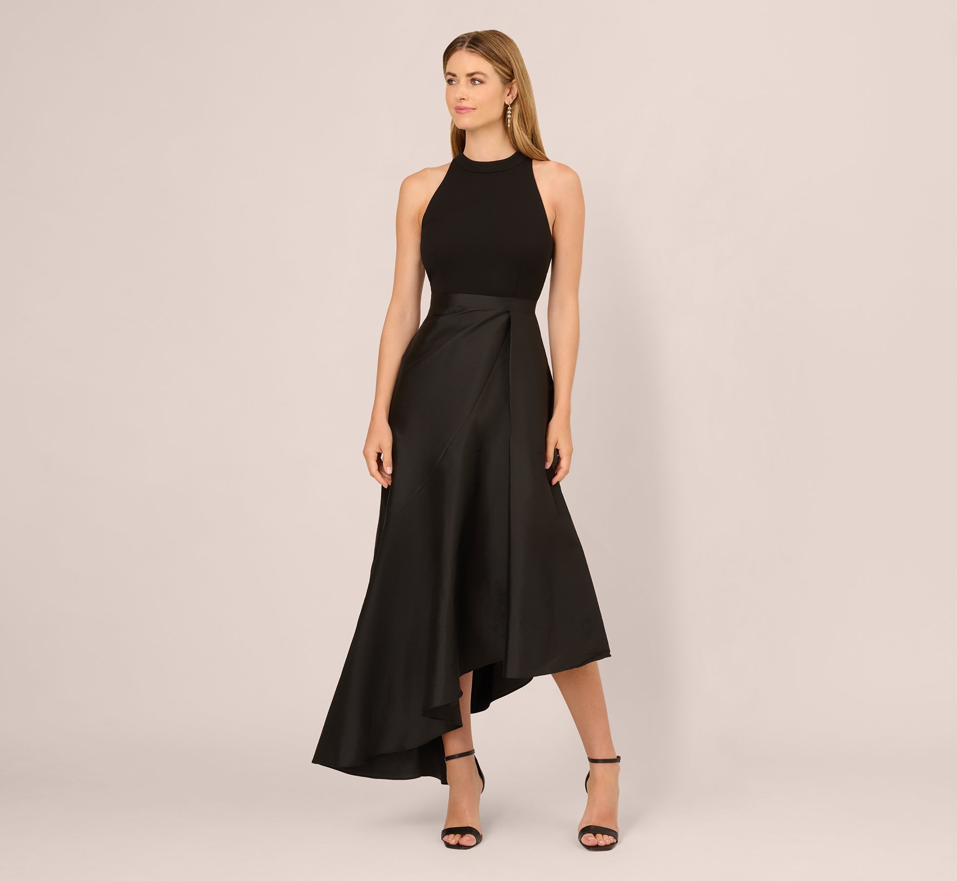Sleeveless Asymmetrical Draped Taffeta Combo Gown In Black