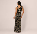 Sleeveless Asymmetrical Crinkle Metallic Floral Gown In Black Gold 5