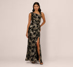 Sleeveless Asymmetrical Crinkle Metallic Floral Gown In Black Gold 2