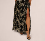 Sleeveless Asymmetrical Crinkle Metallic Floral Gown In Black Gold 3