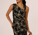 Sleeveless Asymmetrical Crinkle Metallic Floral Gown In Black Gold 4