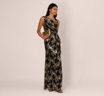 Sleeveless Asymmetrical Crinkle Metallic Floral Gown In Black Gold 1