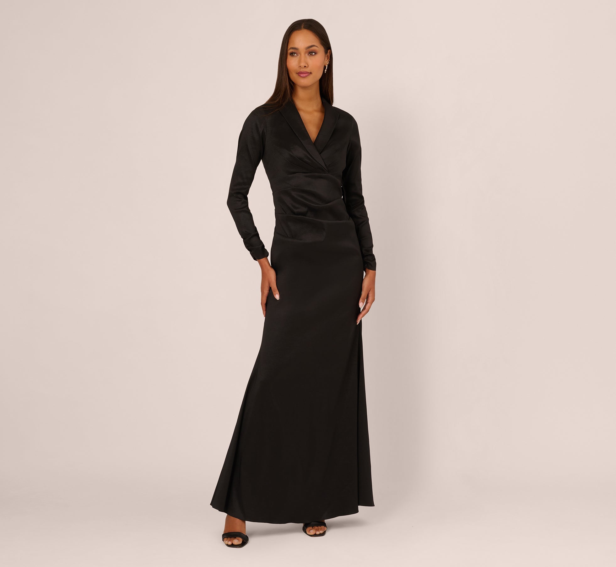 Black Long Sleeve Taffeta Tuxedo Gown - Adrianna Papell Black Long Sleeve Taffeta Tuxedo Gown - Adrianna Papell
