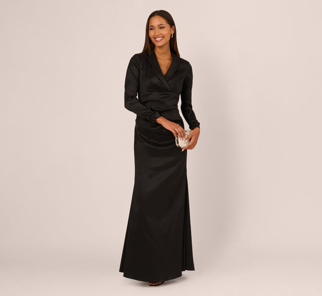Black Long Sleeve Taffeta Tuxedo Gown - Adrianna Papell Black Long Sleeve Taffeta Tuxedo Gown - Adrianna Papell
