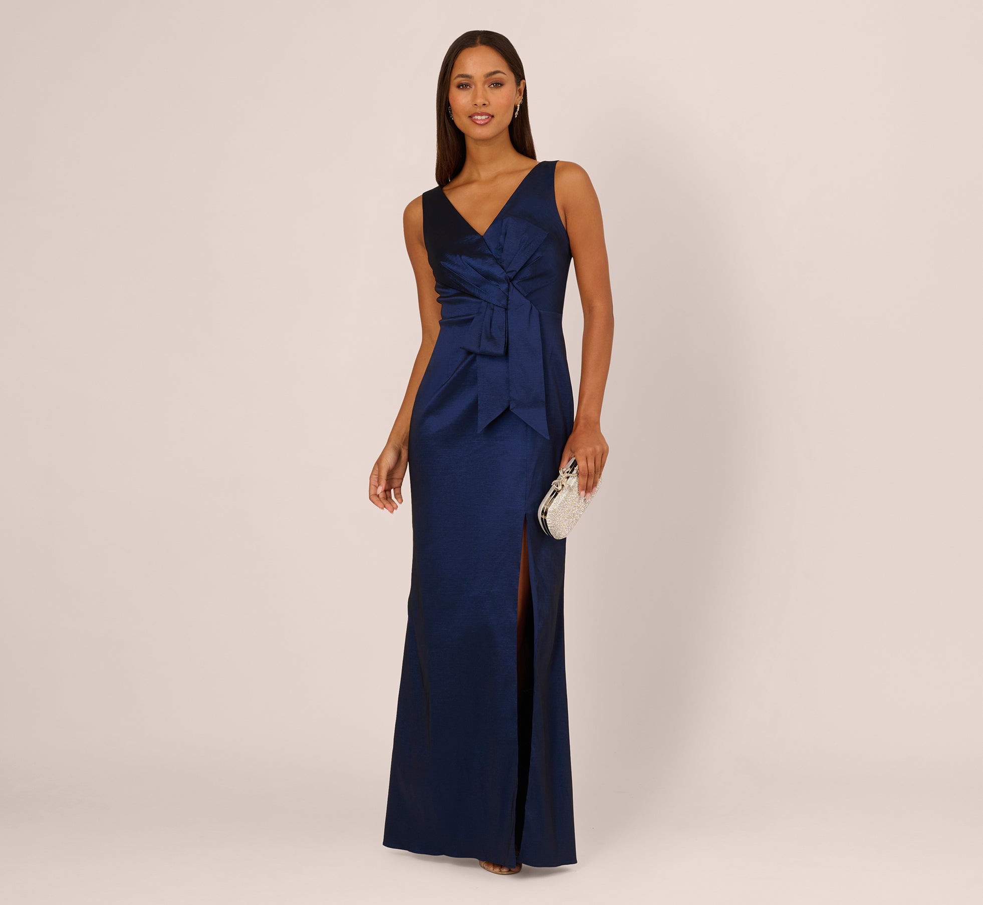 Blue Sleeveless Taffeta Bow Gown