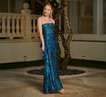 Strapless Draped Floral Jacquard Gown In Cobalt Multi 1