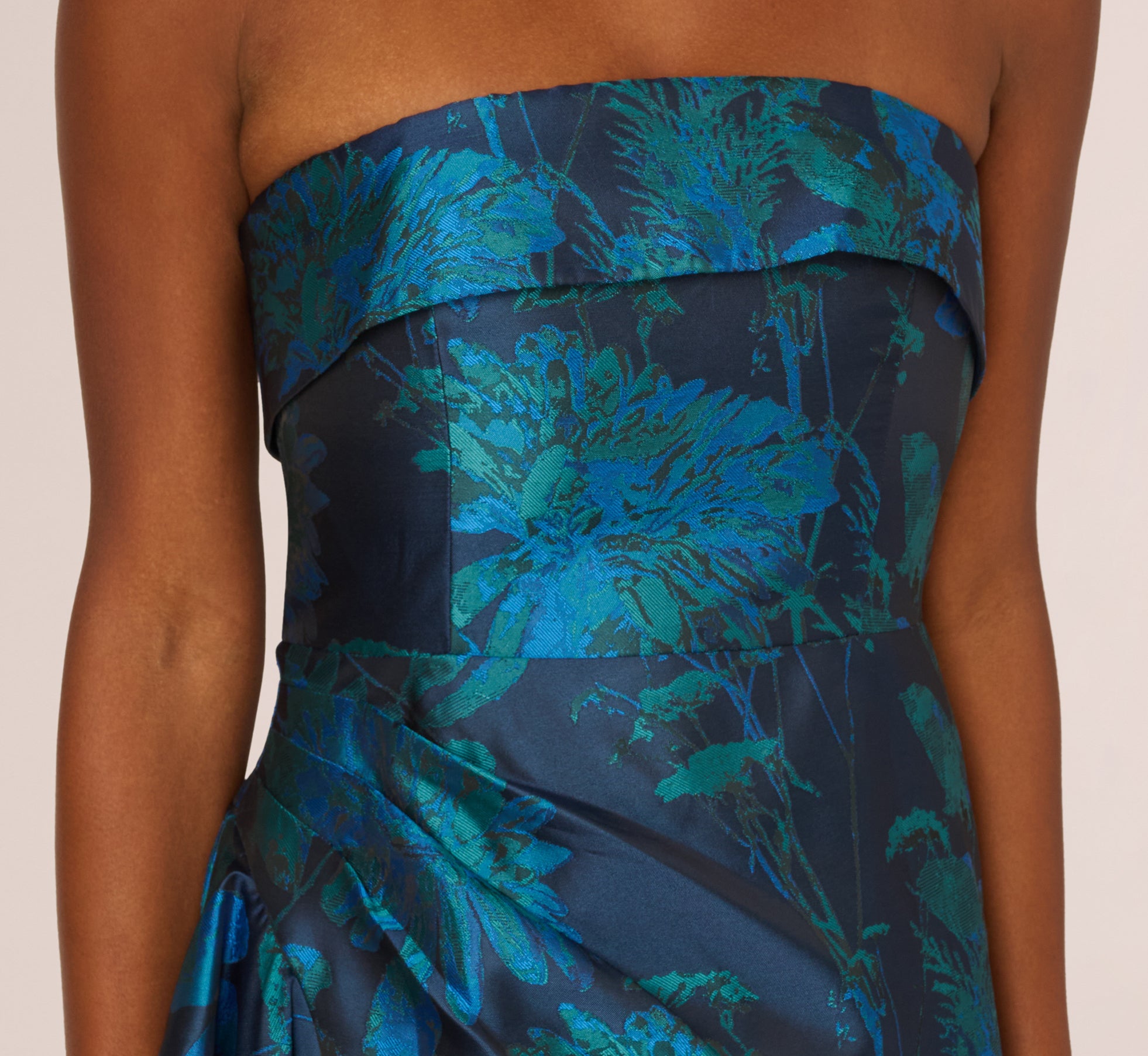 Blue Strapless Draped Floral Jacquard Gown - Adrianna Papell