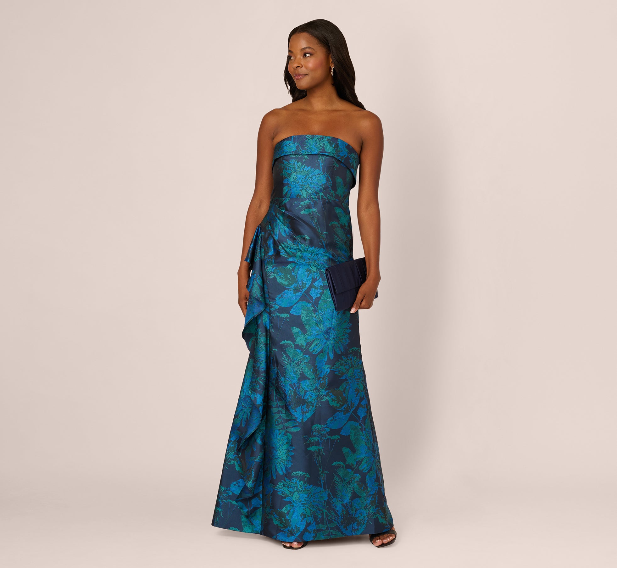 Blue Strapless Draped Floral Jacquard Gown - Adrianna Papell Blue Strapless Draped Floral Jacquard Gown - Adrianna Papell