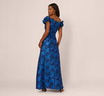 Off Shoulder Floral Jacquard A Line Gown In Navy Blue Multi 5