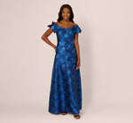 Off Shoulder Floral Jacquard A Line Gown In Navy Blue Multi 2