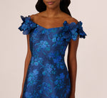 Off Shoulder Floral Jacquard A Line Gown In Navy Blue Multi 3