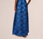 Off Shoulder Floral Jacquard A Line Gown In Navy Blue Multi 4