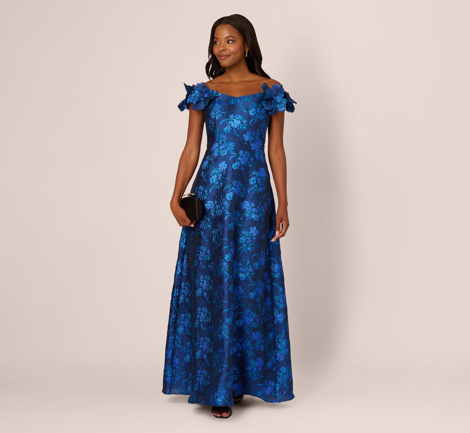 Off Shoulder Floral Jacquard A Line Gown In Navy Blue Multi 1