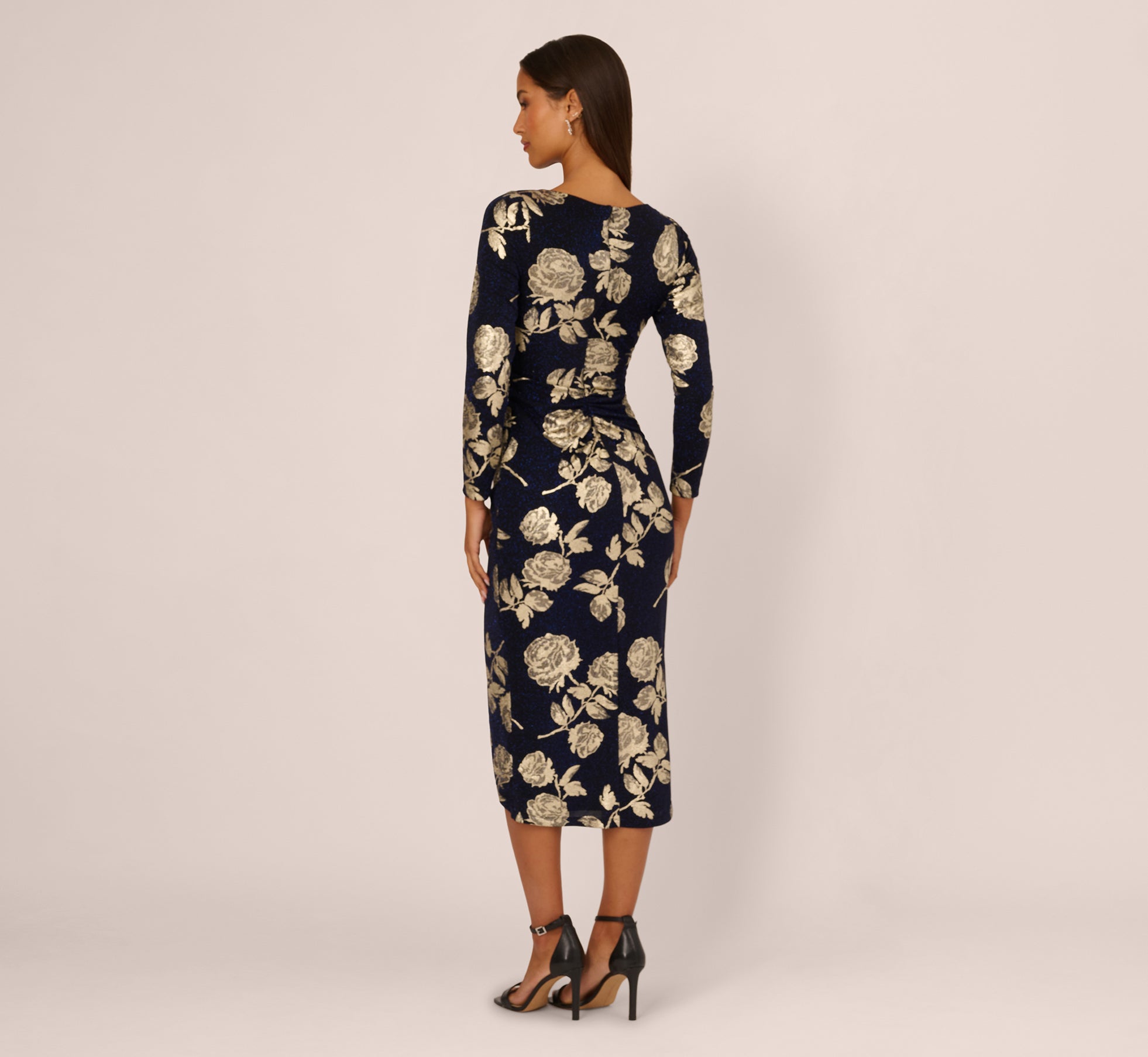 Long Sleeve Stretch Metallic Rose Floral Midi Dress In Navy Gold Long Sleeve Stretch Metallic Rose Floral Midi Dress In Navy Gold