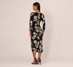 Long Sleeve Stretch Metallic Rose Floral Midi Dress In Navy Gold 5