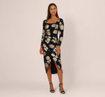 Long Sleeve Stretch Metallic Rose Floral Midi Dress In Navy Gold 2