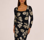 Long Sleeve Stretch Metallic Rose Floral Midi Dress In Navy Gold 3