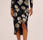 Long Sleeve Stretch Metallic Rose Floral Midi Dress In Navy Gold 4