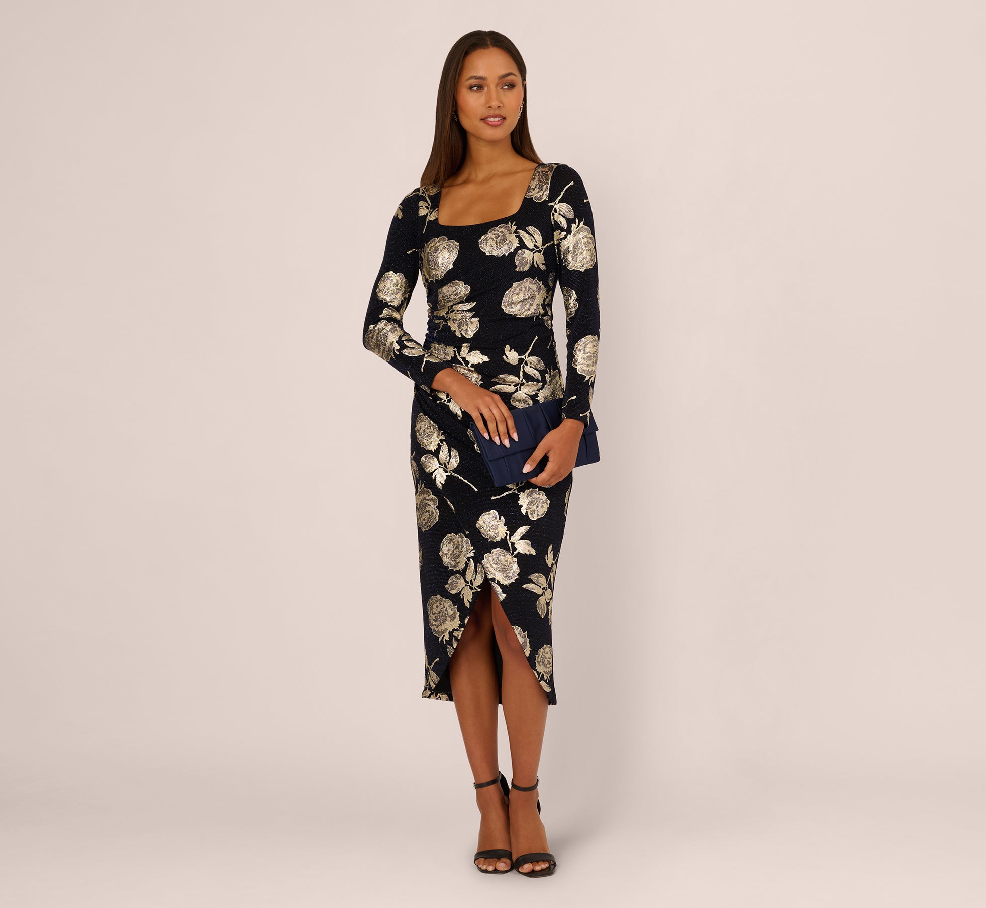Long Sleeve Stretch Metallic Rose Floral Midi Dress In Navy Gold 1