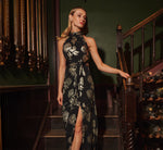 Metallic Rose Floral Halter Gown In Black Gold 1