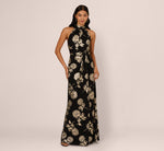 Metallic Rose Floral Halter Gown In Black Gold 3