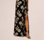 Metallic Rose Floral Halter Gown In Black Gold 4