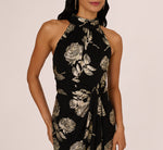 Metallic Rose Floral Halter Gown In Black Gold 5