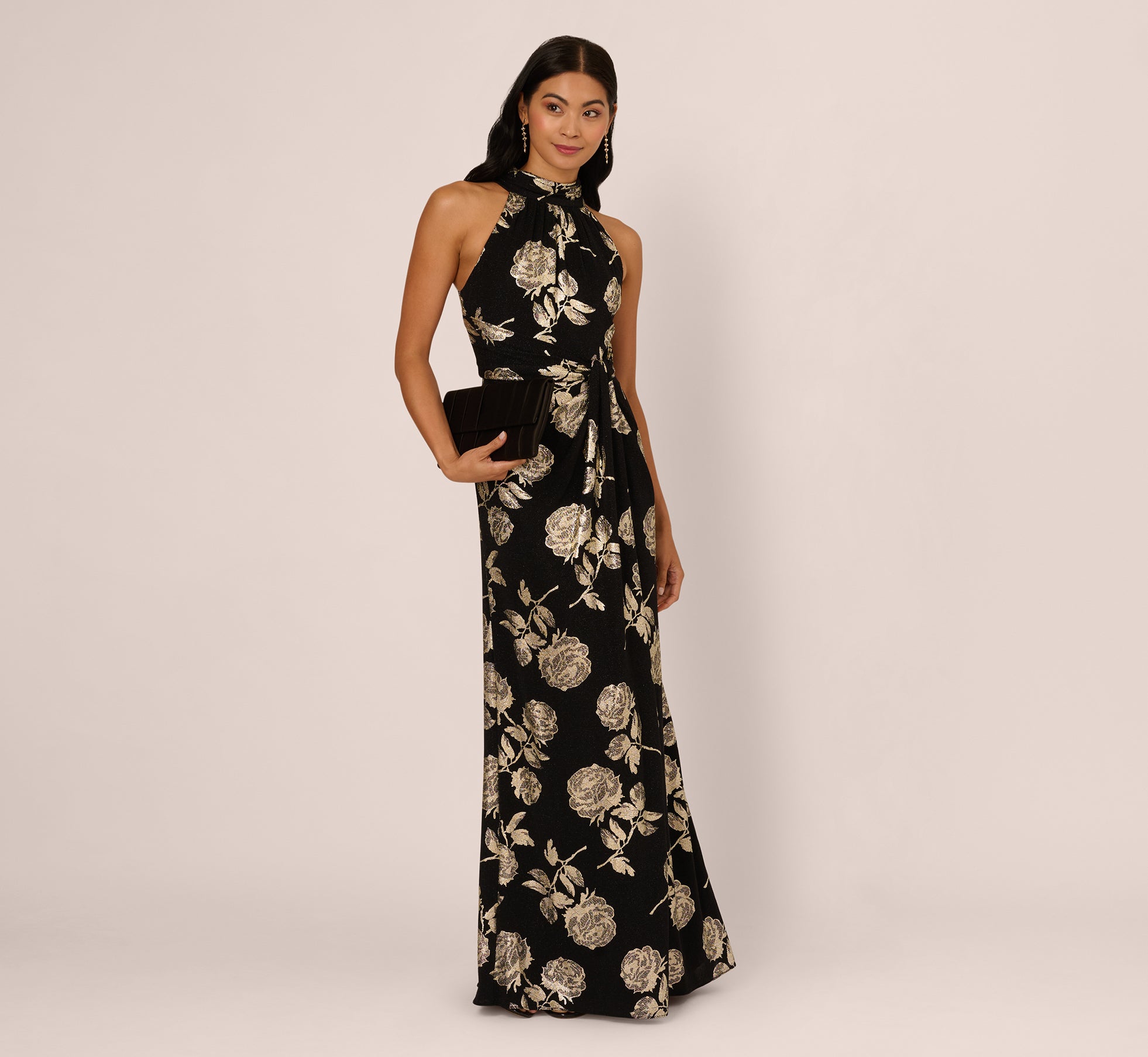 Metallic Rose Floral Halter Gown In Black Gold - Adrianna Papell Metallic Rose Floral Halter Gown In Black Gold - Adrianna Papell