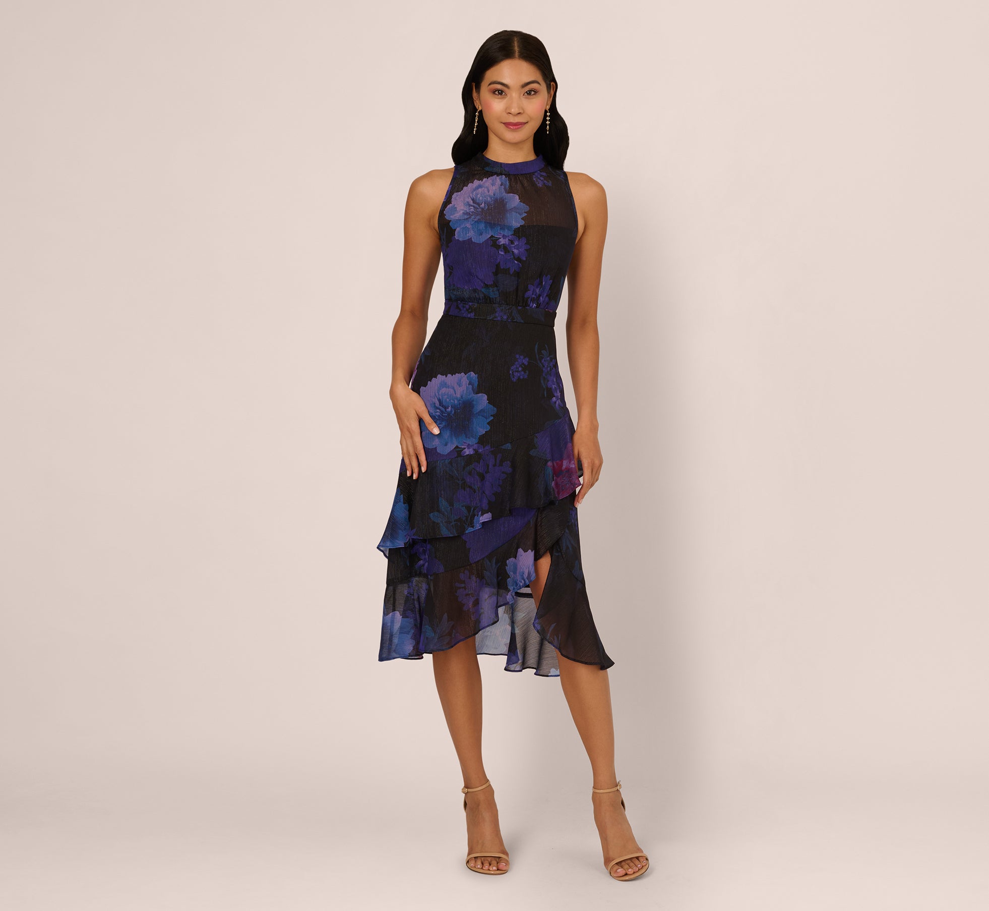 beaded ruffle midi dress Black Sleeveless Glitter Floral Ruffle Midi Dress