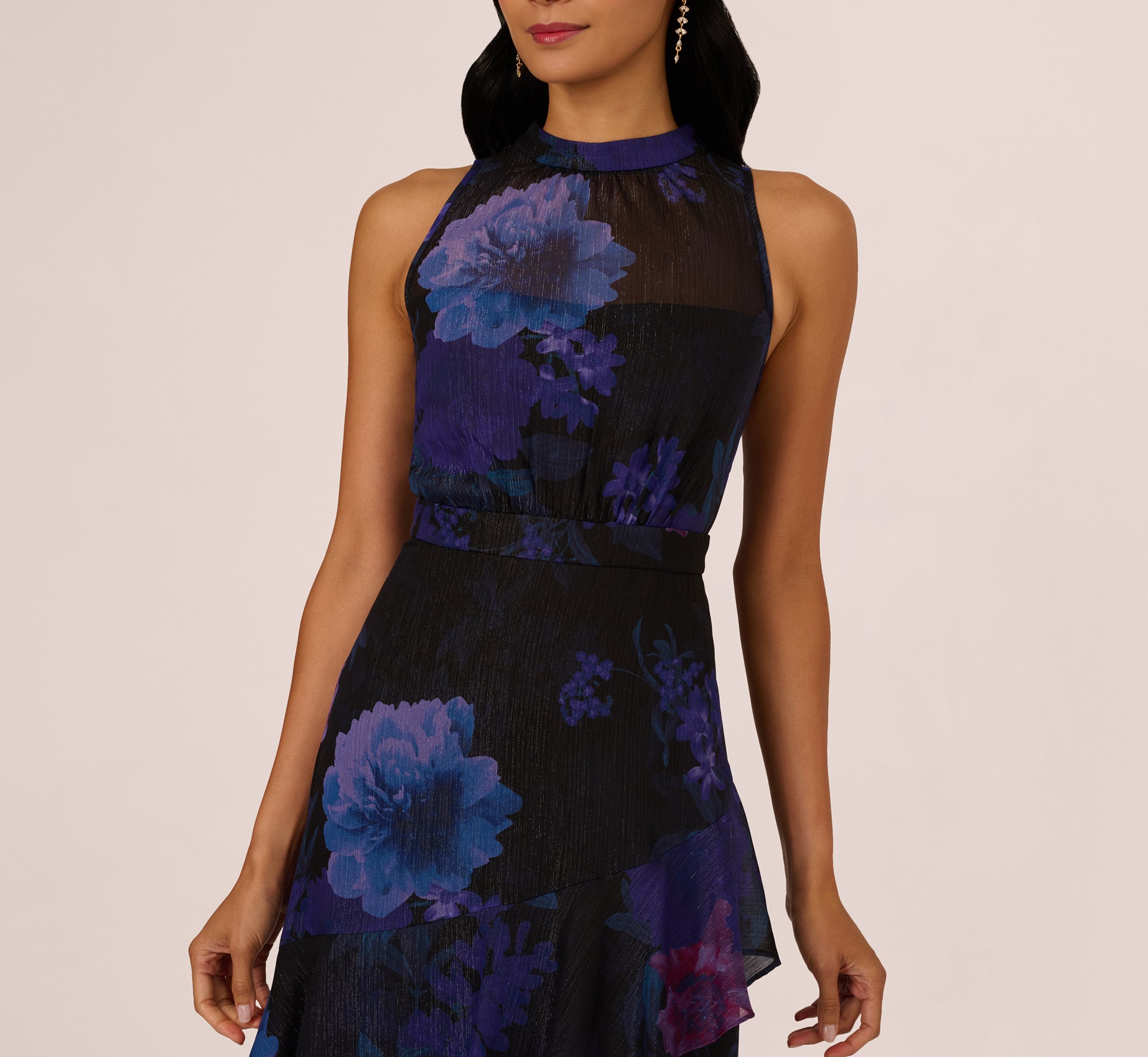 knee length dresses for ladies Black Multi Sleeveless Glitter Floral Ruffle Midi Dress