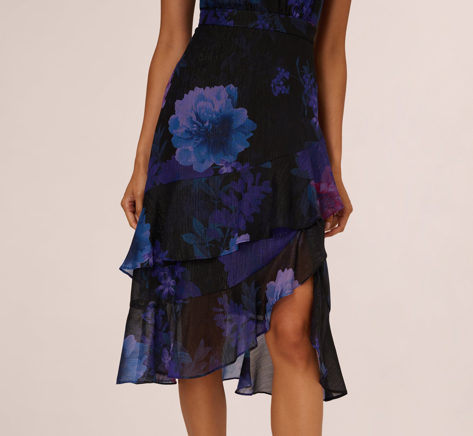 slim fit dress slacks Black Multi Sleeveless Glitter Floral Ruffle Midi Dress
