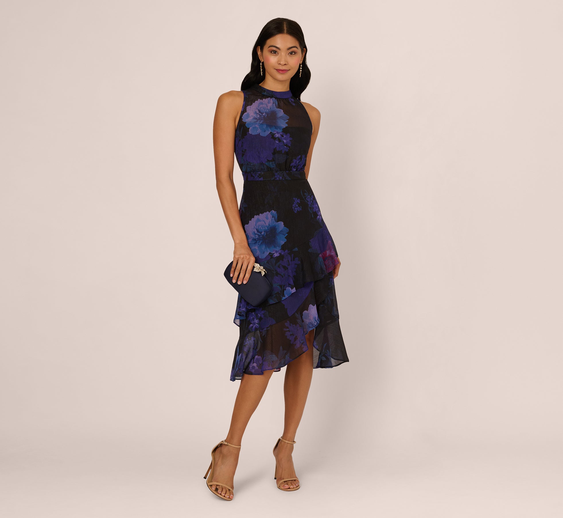 Black Sleeveless Glitter Floral Ruffle Midi Dress - Adrianna Papell Black Sleeveless Glitter Floral Ruffle Midi Dress - Adrianna Papell