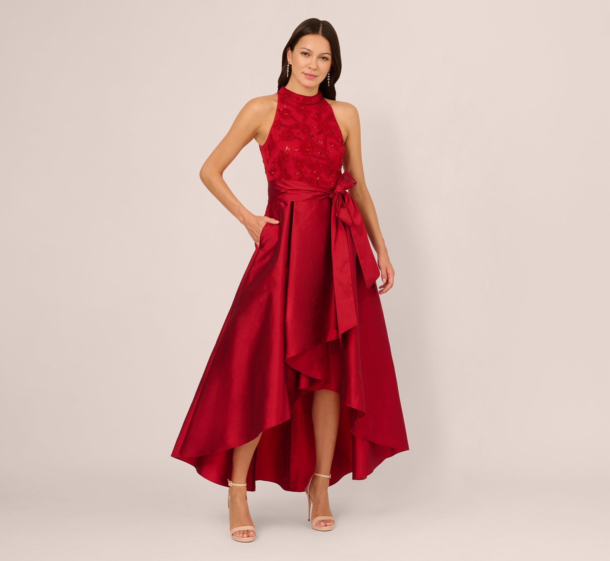 RED Sleeveless Beaded Taffeta High Low Combo Gown - Adrianna Papell RED Sleeveless Beaded Taffeta High Low Combo Gown - Adrianna Papell