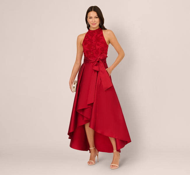 adrianna papell boat neck sleeveless a line taffeta dress Adrianna Papell Sleeveless Beaded Taffeta High-Low Gown