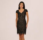 Cap Sleeve Soutache Lace Beaded Midi Dress In Black Nude 2