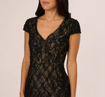 Cap Sleeve Soutache Lace Beaded Midi Dress In Black Nude 3