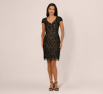 Cap Sleeve Soutache Lace Beaded Midi Dress In Black Nude 7