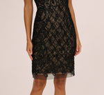 Cap Sleeve Soutache Lace Beaded Midi Dress In Black Nude 4