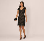 Cap Sleeve Soutache Lace Beaded Midi Dress In Black Nude 1