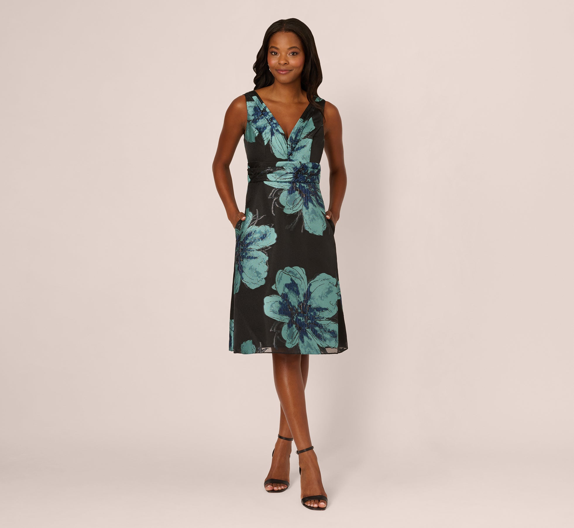 Black Floral Jacquard Belted A Line Midi Dress