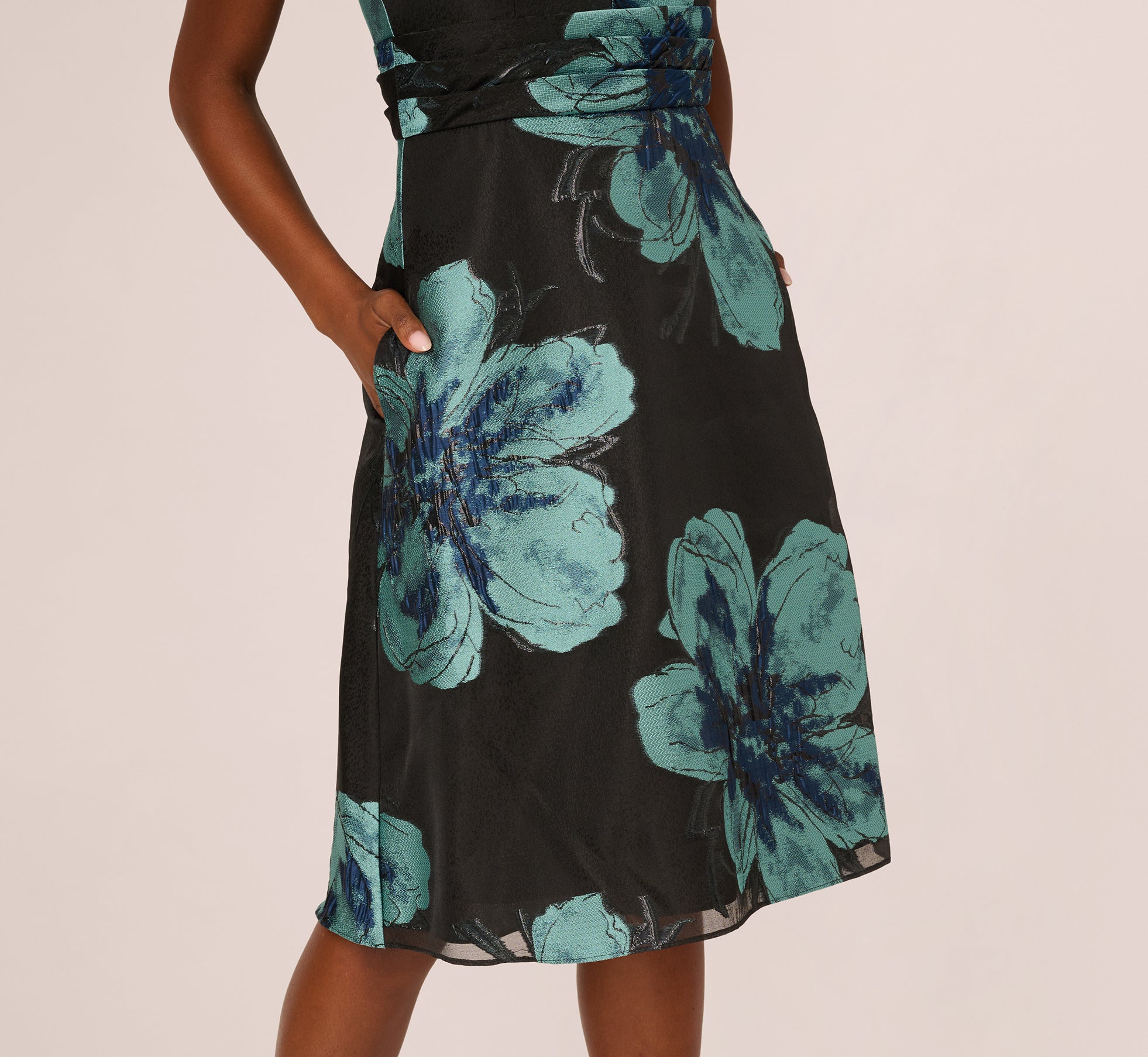 Black Multi Floral Jacquard Belted A Line Midi Dress - Adrianna Papell