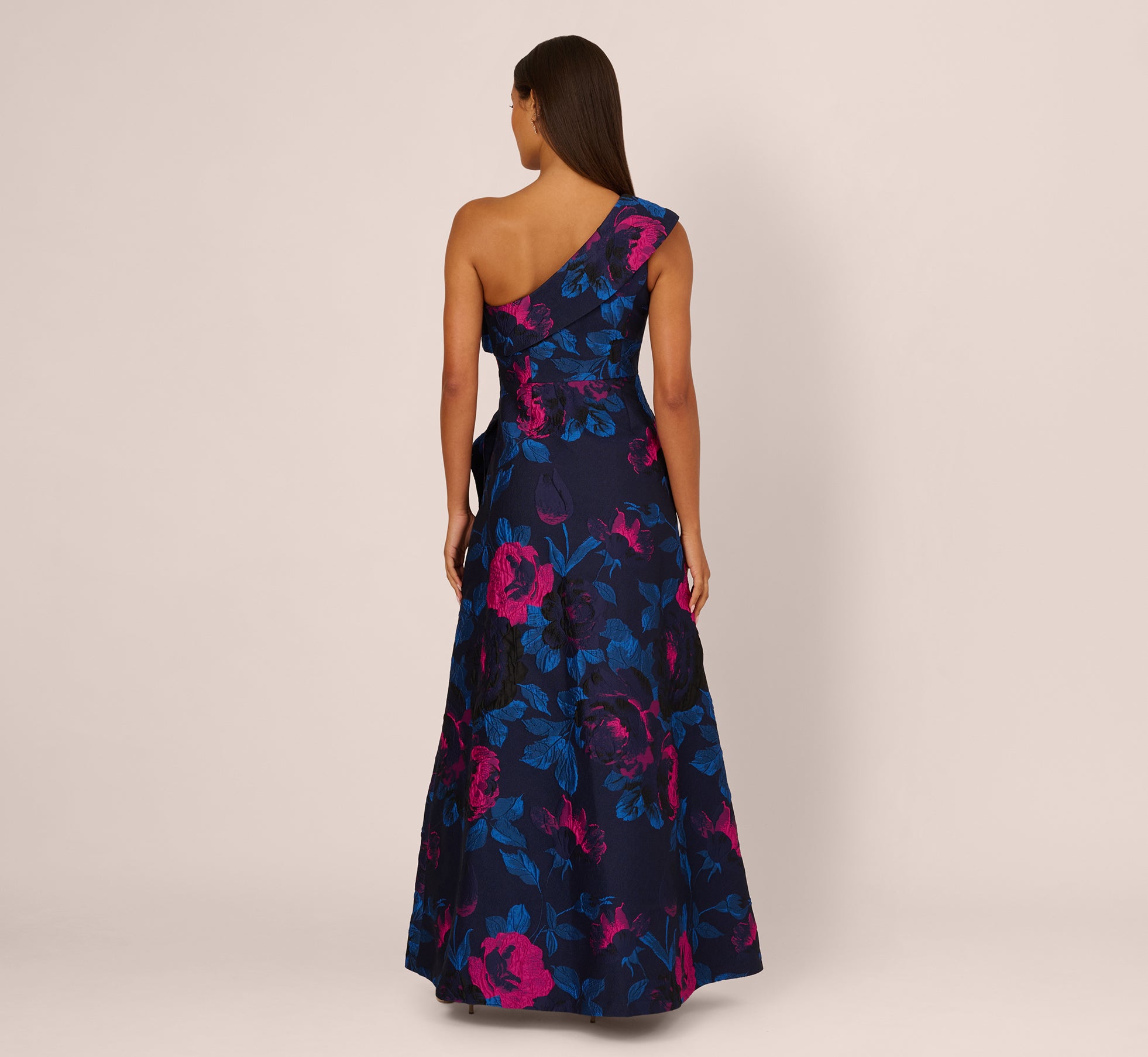 sachin and babi light blue dress Bow One-shoulder Full A-line Heritage Floral Jacquard Maxi Bridesmaid Dress  In Burgundy Midnight Floral main image 0
