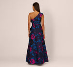 One Shoulder Floral Jacquard A Line Gown In Navy Orchid 5