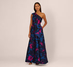 One Shoulder Floral Jacquard A Line Gown In Navy Orchid 2