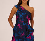 One Shoulder Floral Jacquard A Line Gown In Navy Orchid 3