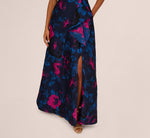 One Shoulder Floral Jacquard A Line Gown In Navy Orchid 4