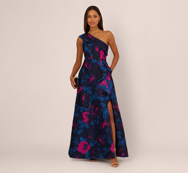 Adrianna Papell One Shoulder Jacquard Gown
