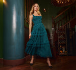 Sleeveless Floral Beaded Ruffle Midi Dress In Deep Azure 1