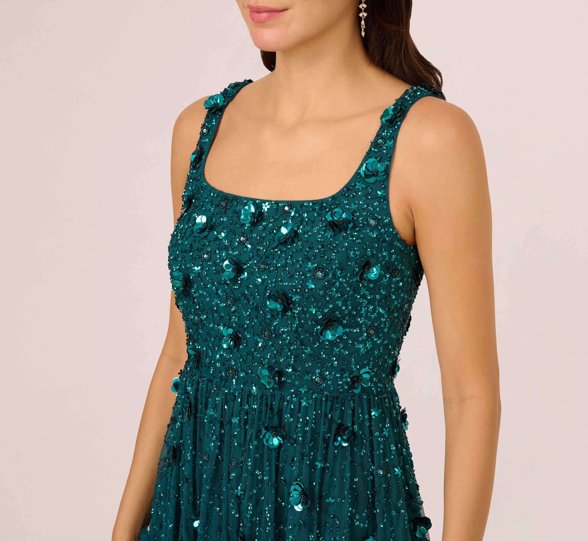 Green Sleeveless Floral Beaded Ruffle Midi Dress - Adrianna Papell Green Sleeveless Floral Beaded Ruffle Midi Dress - Adrianna Papell